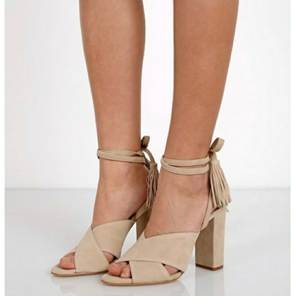 SCHUTZ Beige Suede Leather Ankle Tie Block Heel Sandals SZ 10 B